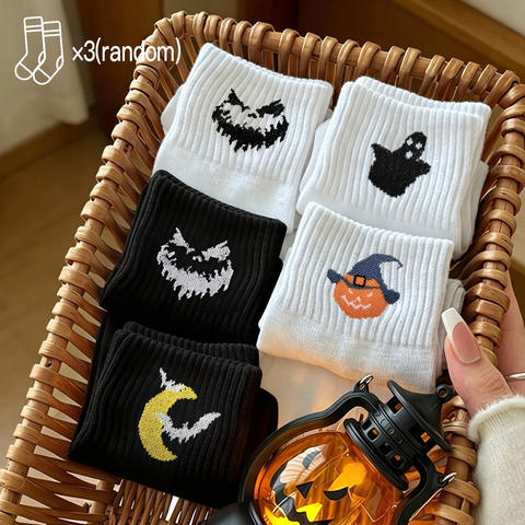 Halloween Novelty Crew Socks 3-Pack – Ghost, Pumpkin & Skull Prints