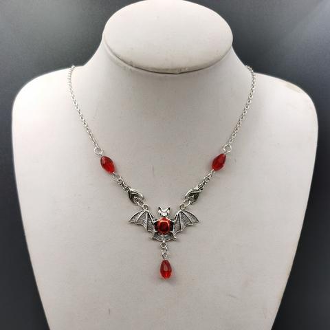Vintage Bat Pendant Necklace – Red Rhinestone Gothic Choker