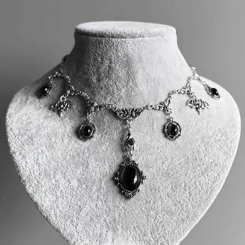 Vintage Bat Pendant Necklace – Red Rhinestone Gothic Choker