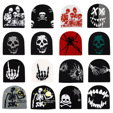 Skull Print Knit Beanie – Unisex Black Punk Winter Hat