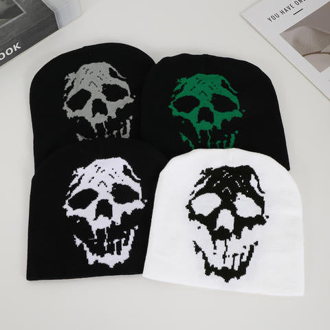 Skull Print Knit Beanie – Unisex Black Punk Winter Hat
