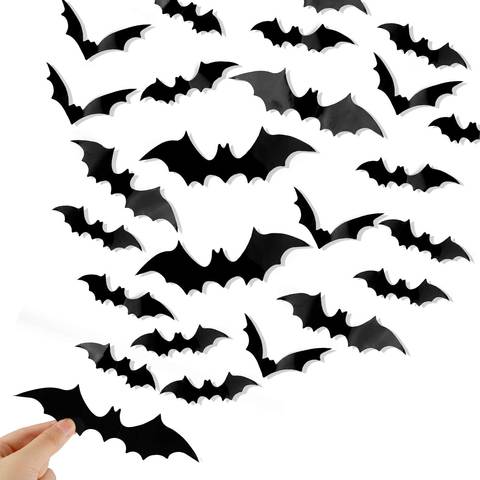 3D Bat Wall Decals 120-Pack (4 sizes, Halloween window/door decor)