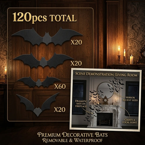 3D Bat Wall Decals 120-Pack (4 sizes, Halloween window/door decor)