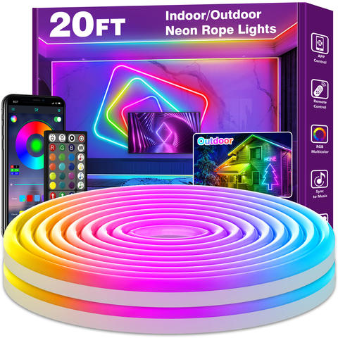 20FT RGBIC Neon Rope Light, App + Music Sync, Flexible LED Wall Accent