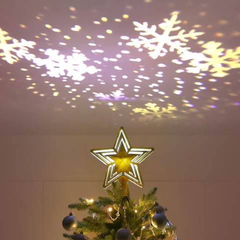 LED Star Tree Topper with Snowflake Ceiling Projector, Gold Pentagram