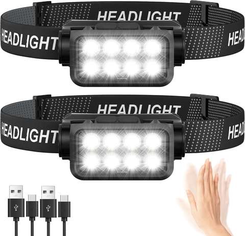 LED Motion Sensor Headlamp USB Rechargeable Hands-Free Wave Switch Headlight