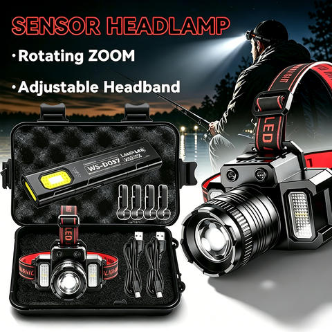 LED Motion Sensor Headlamp USB Rechargeable Hands-Free Wave Switch Headlight