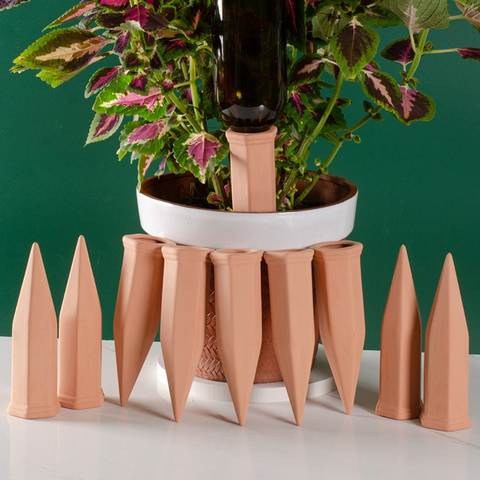 Terracotta Self-Watering Plant Spikes 4-Pack, Wine-Bottle Vacation Waterer