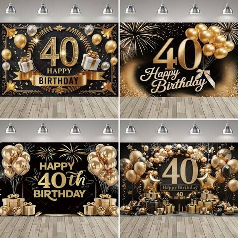 Happy 40th Birthday Backdrop Banner, Black Gold Extra-Large Photo Booth