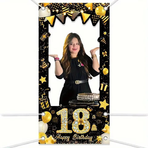 Happy 40th Birthday Backdrop Banner, Black Gold Extra-Large Photo Booth