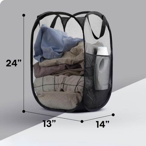 Mesh Pop-Up Laundry Hamper, Collapsible with Side Pocket