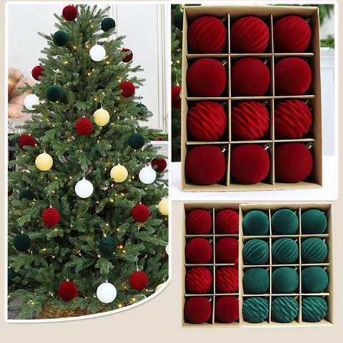 12 Pack Flocked Velvet Christmas Ball Ornaments 6cm