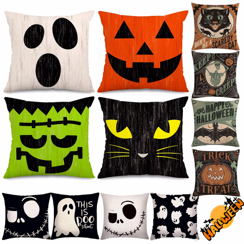 Halloween Linen Pillow Covers 18x18 Set of 4, Cute Ghost Pumpkin Faces