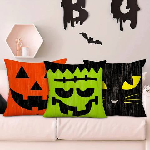 Halloween Linen Pillow Covers 18x18 Set of 4, Cute Ghost Pumpkin Faces