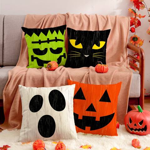 Halloween Linen Pillow Covers 18x18 Set of 4, Cute Ghost Pumpkin Faces