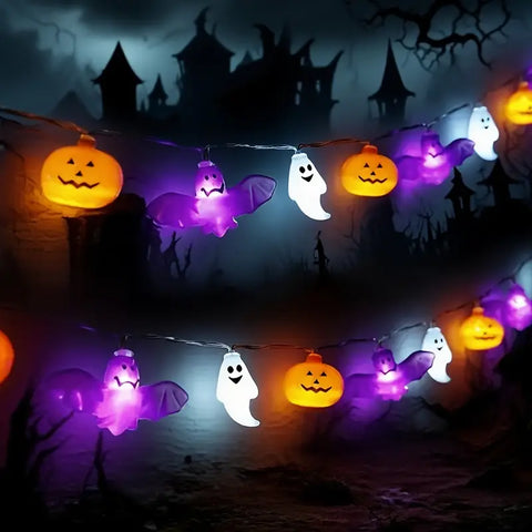 Pumpkin Ghost Bat LED String Lights, Battery-Operated Halloween Lighting