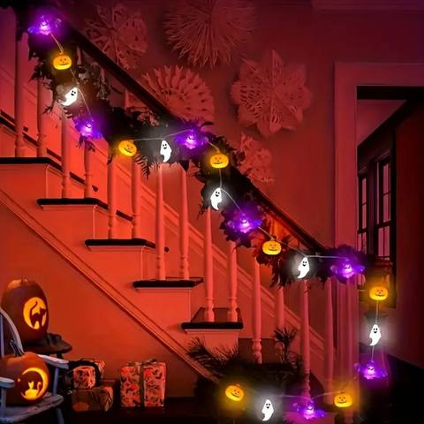 Pumpkin Ghost Bat LED String Lights, Battery-Operated Halloween Lighting