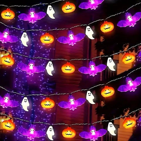 Pumpkin Ghost Bat LED String Lights, Battery-Operated Halloween Lighting
