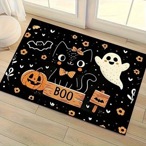 Boo Cat and Ghost Halloween Doormat, Non-Slip Entryway Rug