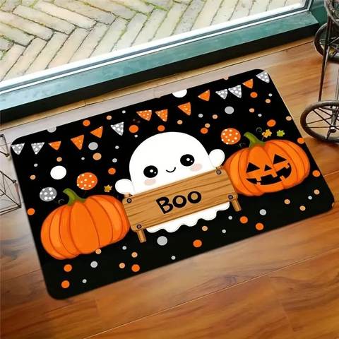 Boo Cat and Ghost Halloween Doormat, Non-Slip Entryway Rug