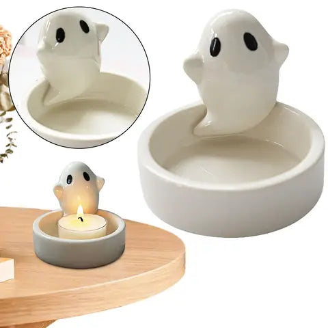 Cute Ghost Tealight Candle Holder, Ceramic Halloween Tabletop