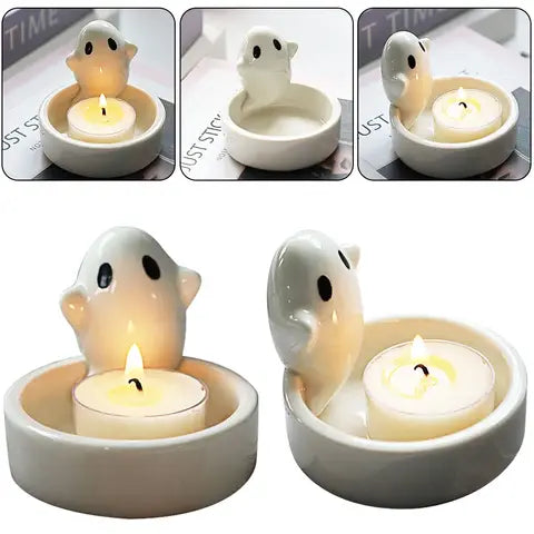 Cute Ghost Tealight Candle Holder, Ceramic Halloween Tabletop