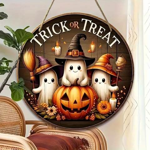 Round Wooden Halloween Door Sign, Cute Ghost Pumpkin Witch Hat