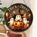 Round Wooden Halloween Door Sign, Cute Ghost Pumpkin Witch Hat