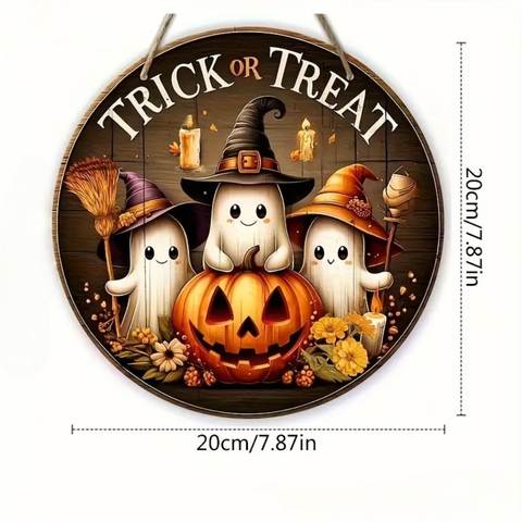 Round Wooden Halloween Door Sign, Cute Ghost Pumpkin Witch Hat