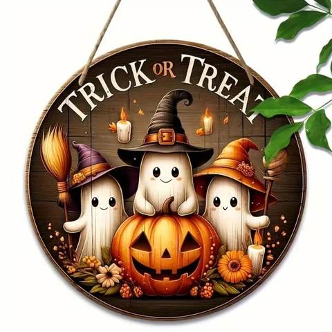 Round Wooden Halloween Door Sign, Cute Ghost Pumpkin Witch Hat