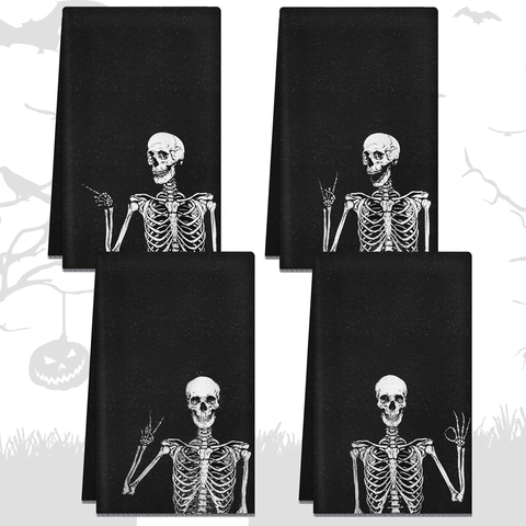 Rock and Roll Skeleton Halloween Kitchen Towels, Set of 2