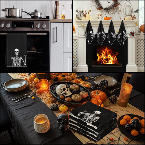 Rock and Roll Skeleton Halloween Kitchen Towels, Set of 2
