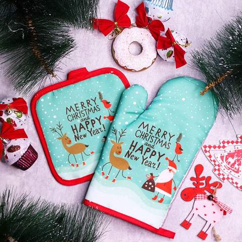 Christmas Oven Mitts Pair, Santa Print Heat-Resistant Kitchen Gloves
