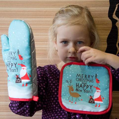 Christmas Oven Mitts Pair, Santa Print Heat-Resistant Kitchen Gloves