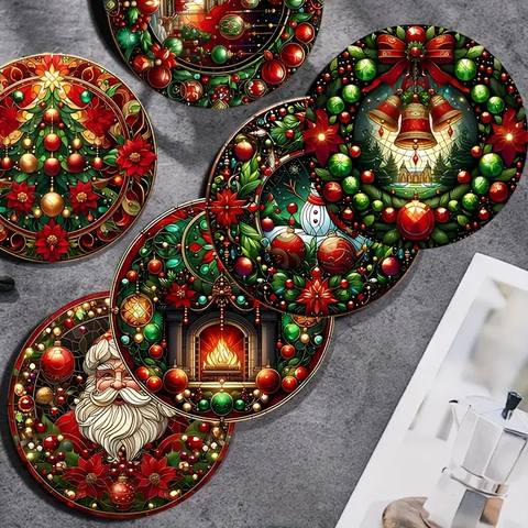 Painted Wooden Christmas Coasters, Set of 6 Non-Slip