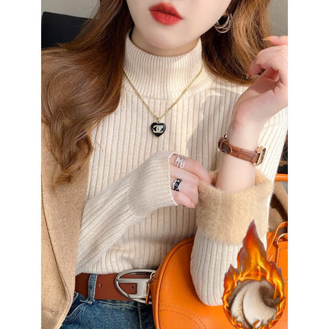 Winter Turtleneck Sweater, Velvet-Lined Thickened Knit Pullover for Women