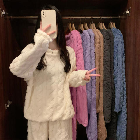 Coral Fleece Winter Pajama Set, Women's 2-Piece Thermal Sleepwear
