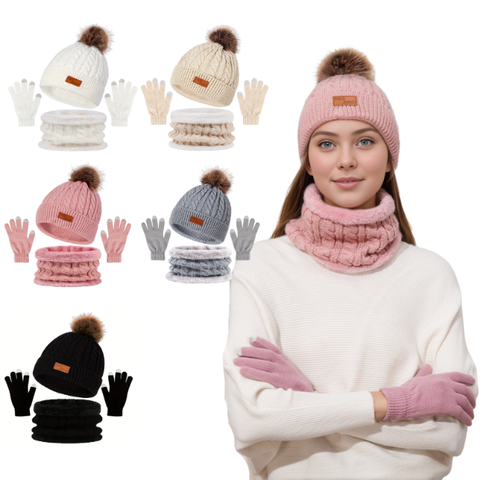Winter Hat Scarf Gloves Set, Fleece Knit 3-Piece with Touchscreen Fingertips