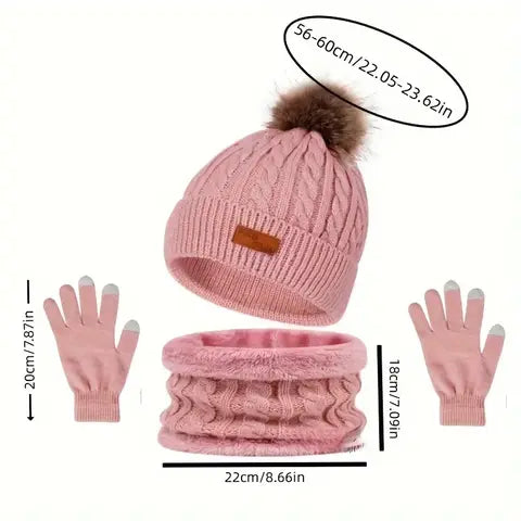 Winter Hat Scarf Gloves Set, Fleece Knit 3-Piece with Touchscreen Fingertips