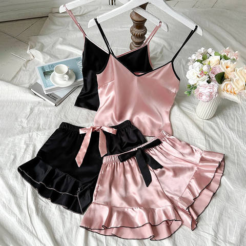 Satin Pajama Set for Women, 2-Piece V-Neck Sleepwear with Ruffle Trim