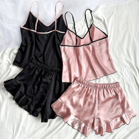 Satin Pajama Set for Women, 2-Piece V-Neck Sleepwear with Ruffle Trim
