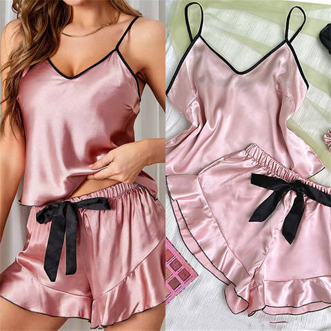 Satin Pajama Set for Women, 2-Piece V-Neck Sleepwear with Ruffle Trim