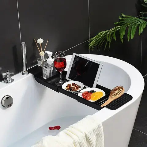 Bamboo Bathtub Tray, Extendable Bath Caddy Shelf with Rack