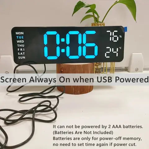 Large Digital Wall Clock with Day-of-Week, Date and Temperature Display