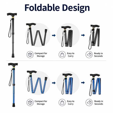 Folding Walking Cane, Adjustable Height Portable Travel Cane